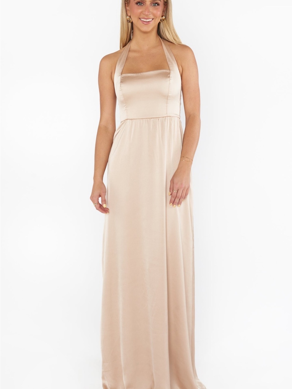 Show Me Your Mumu Hazel Halter Maxi Dress Champagne Beige Satin L 25800